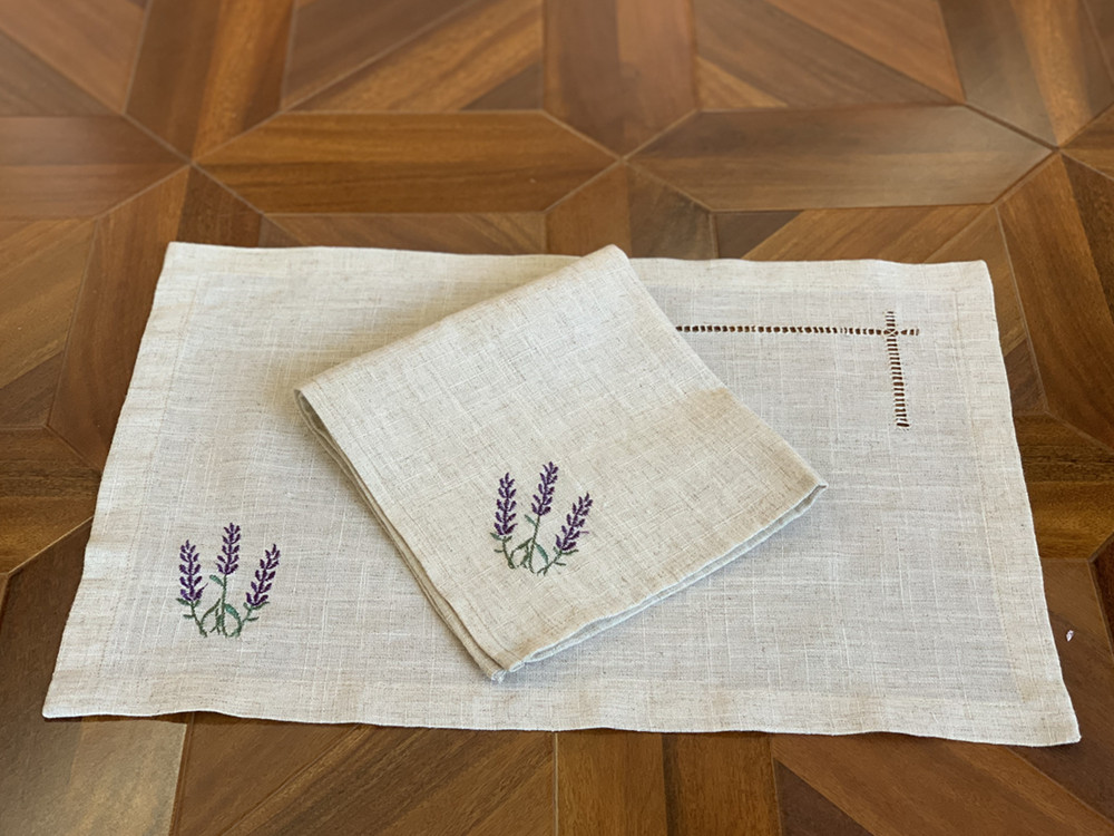 Monogrammed Handkerchief - Hemstitch Napkin/Placemat Provence, France,Lavender Natural Color