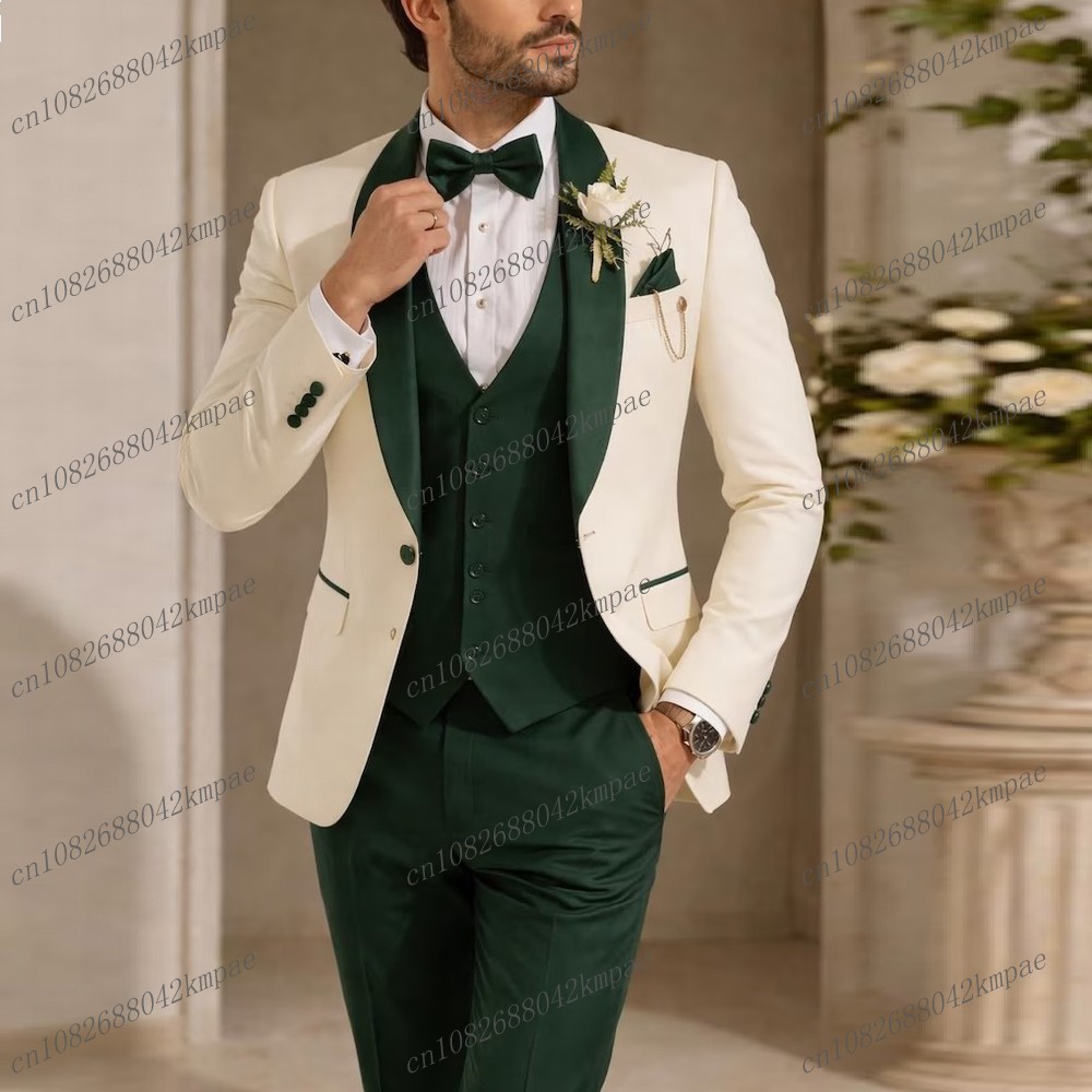 Young Men Formal Wear - New Ivory And Dark Green Formal