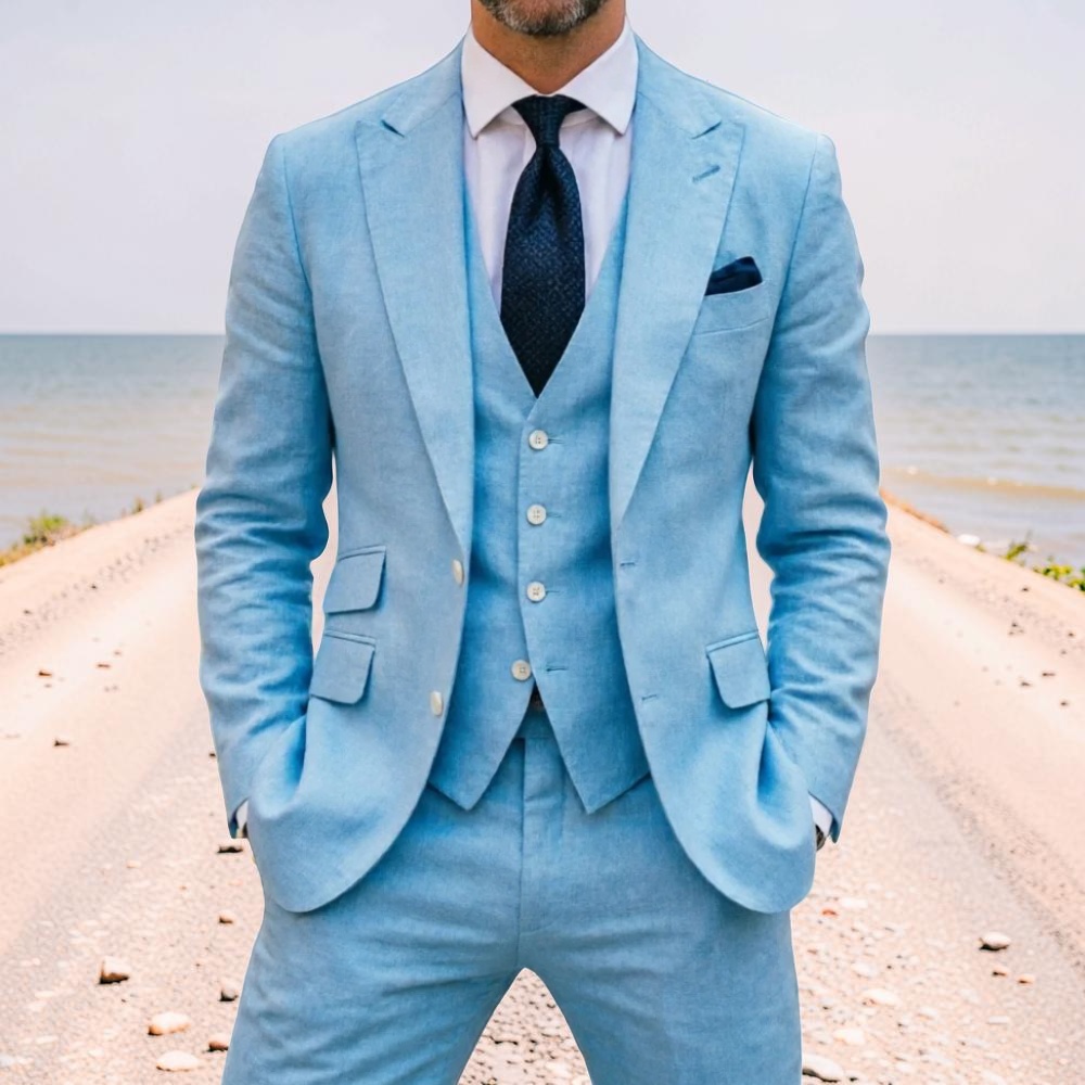 Men Formal Wear Summer - Sky Blue Linen Men Wedding Tuxedo