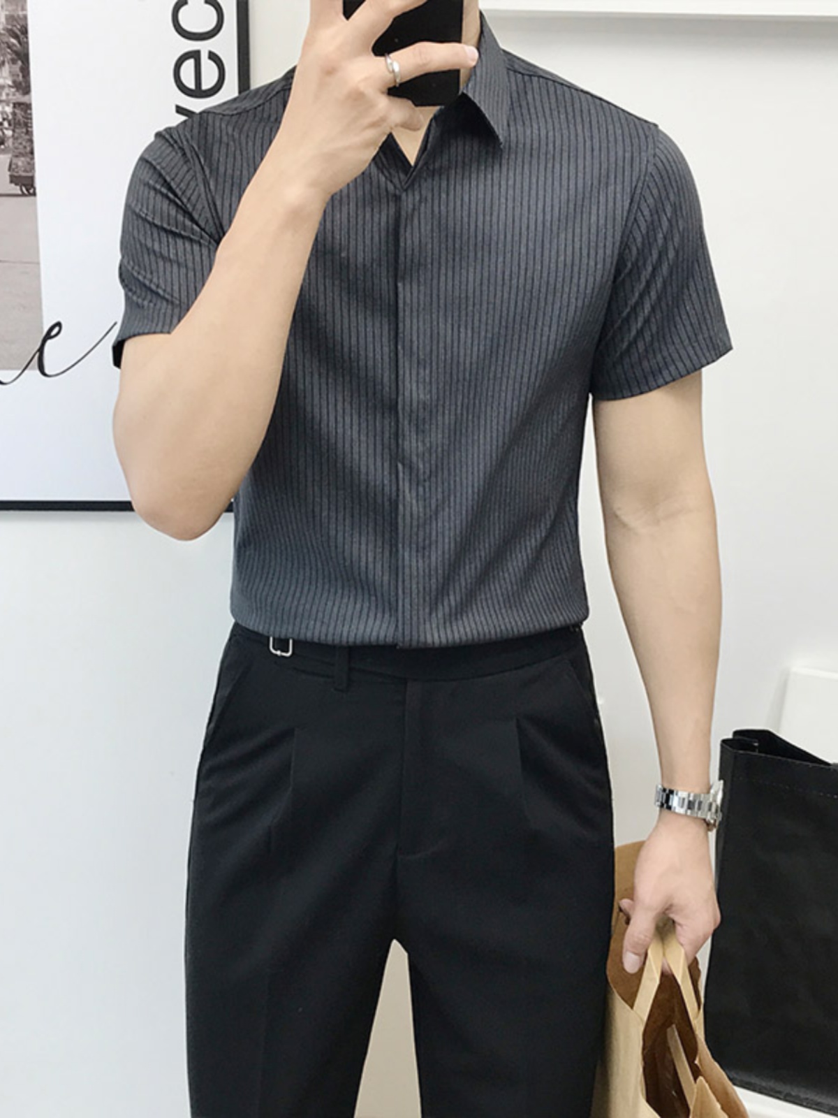 Slim Fit Striped ort Sve irt f - Men'S Urban Formal Wear ulasan dan harga