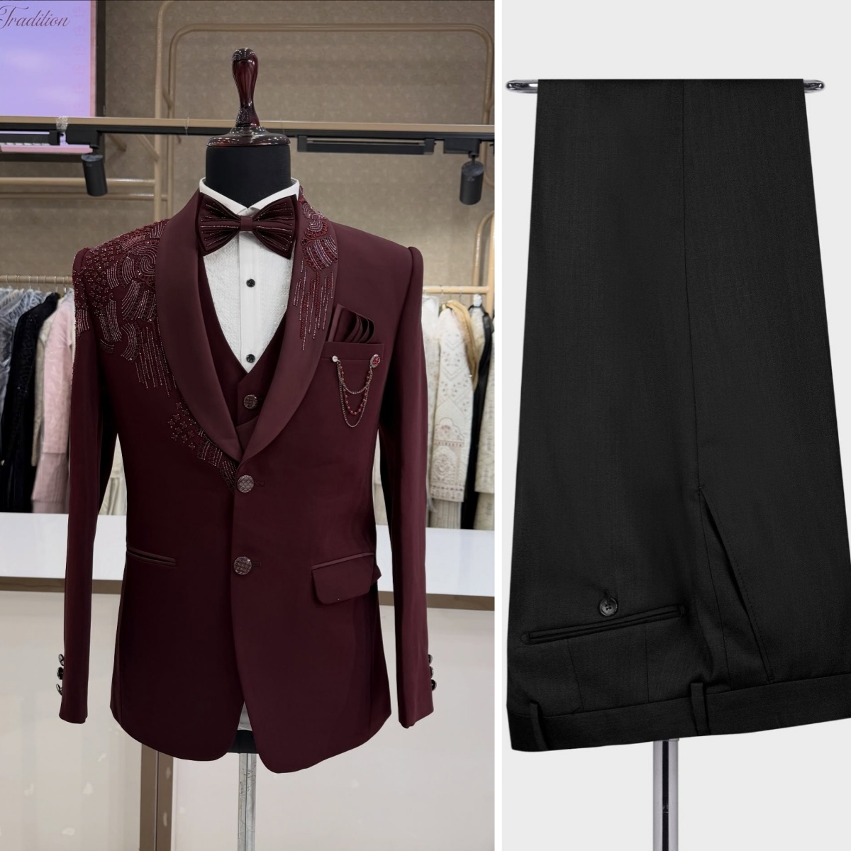 3 Pieces Groom Wedding Tuxedos - Men Formal Wear Red ulasan dan harga