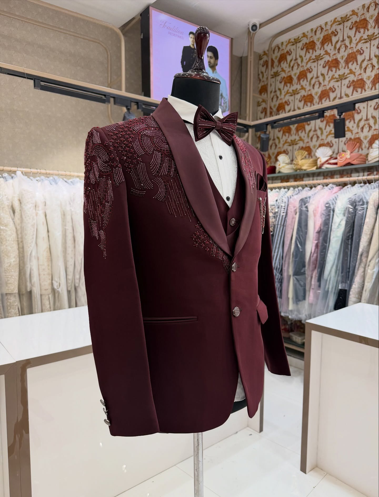 3 Pieces Groom Wedding Tuxedos - Men Formal Wear Red ulasan dan harga