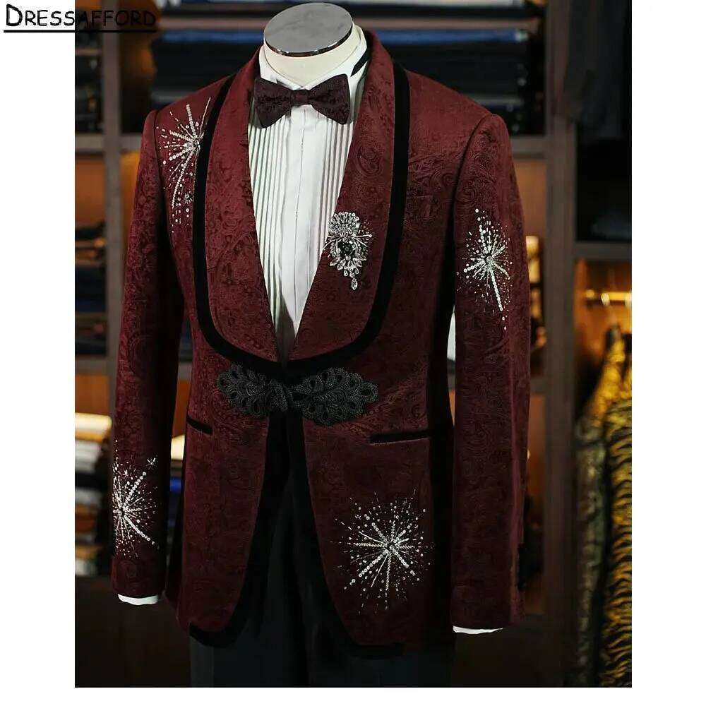 Dark Red Jacquard Crystal Bead - Men Formal Wear Red ulasan dan harga