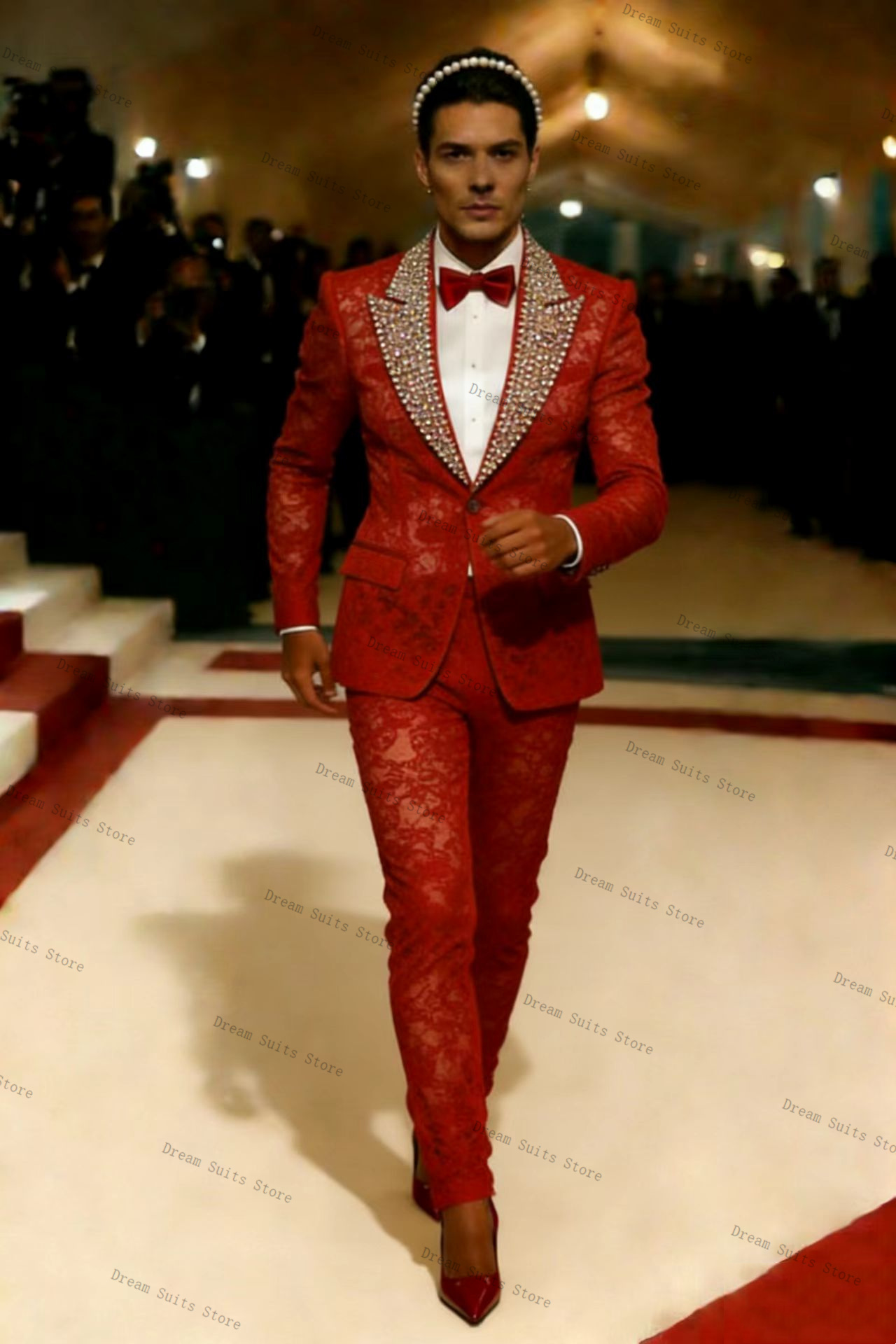 Gold Crystals Men Suit Set 2 P - Men Formal Wear Red ulasan dan harga